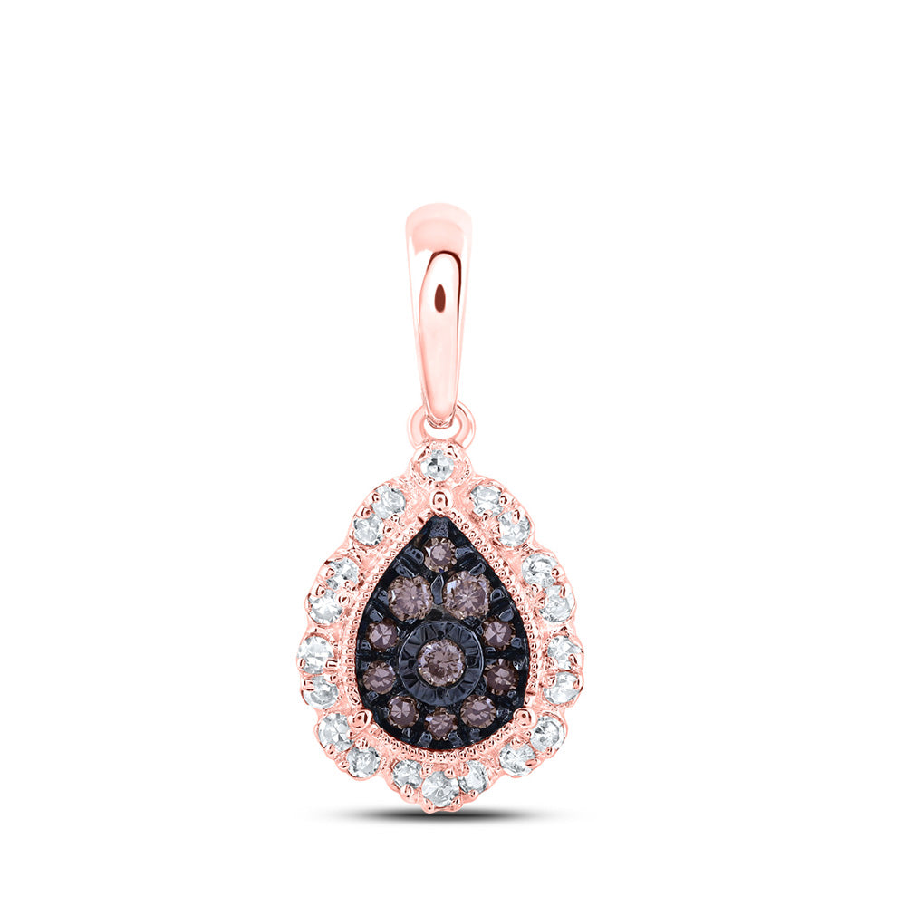 10kt Rose Gold Womens Round Brown Diamond Teardrop Pendant 1/5 Cttw