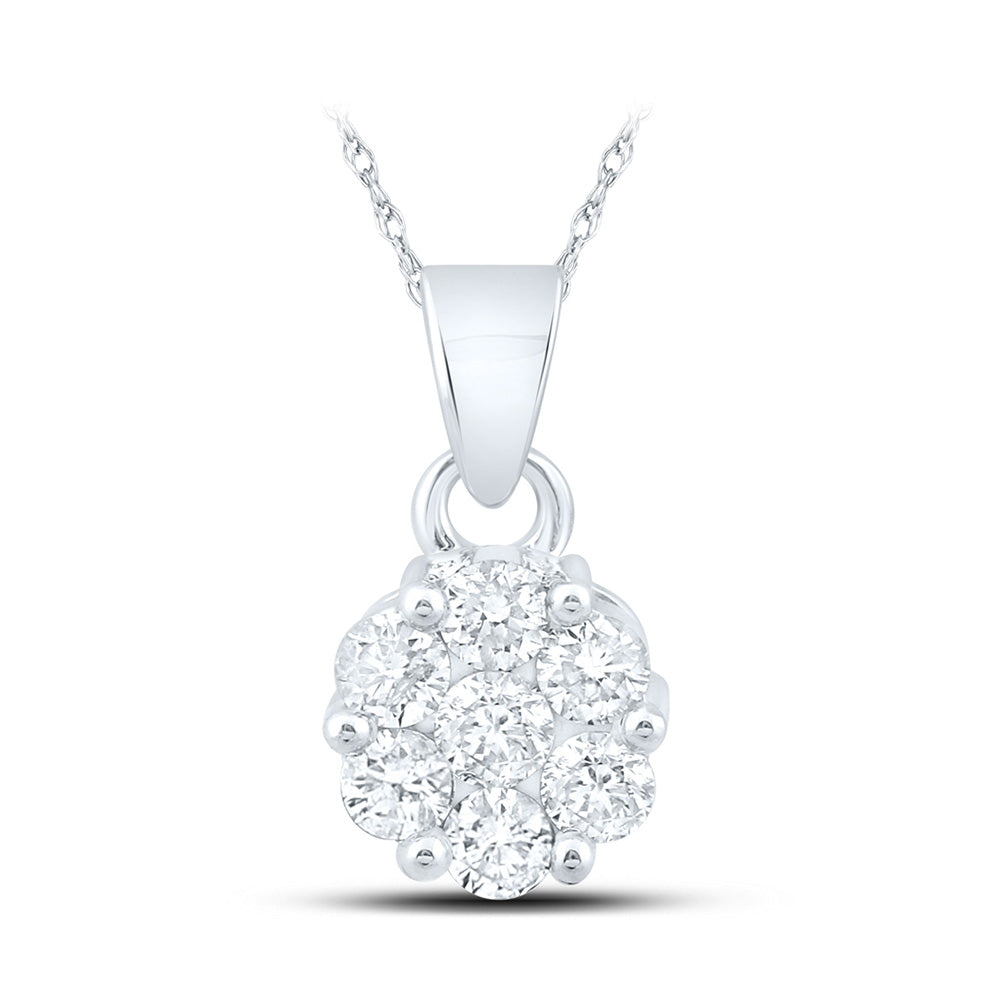 14kt White Gold Womens Round Diamond Flower Cluster Pendant 1 Cttw