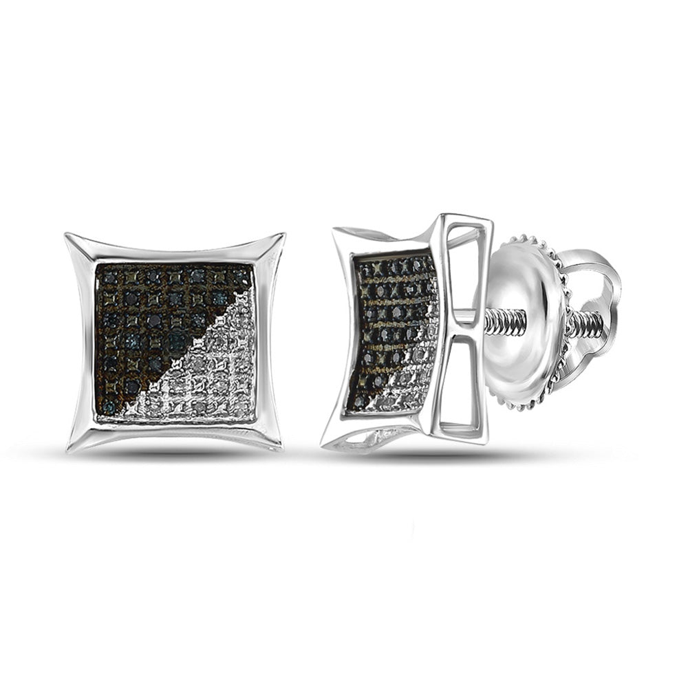 Sterling Silver Mens Round Blue Color Enhanced Diamond Square Earrings 1/6 Cttw