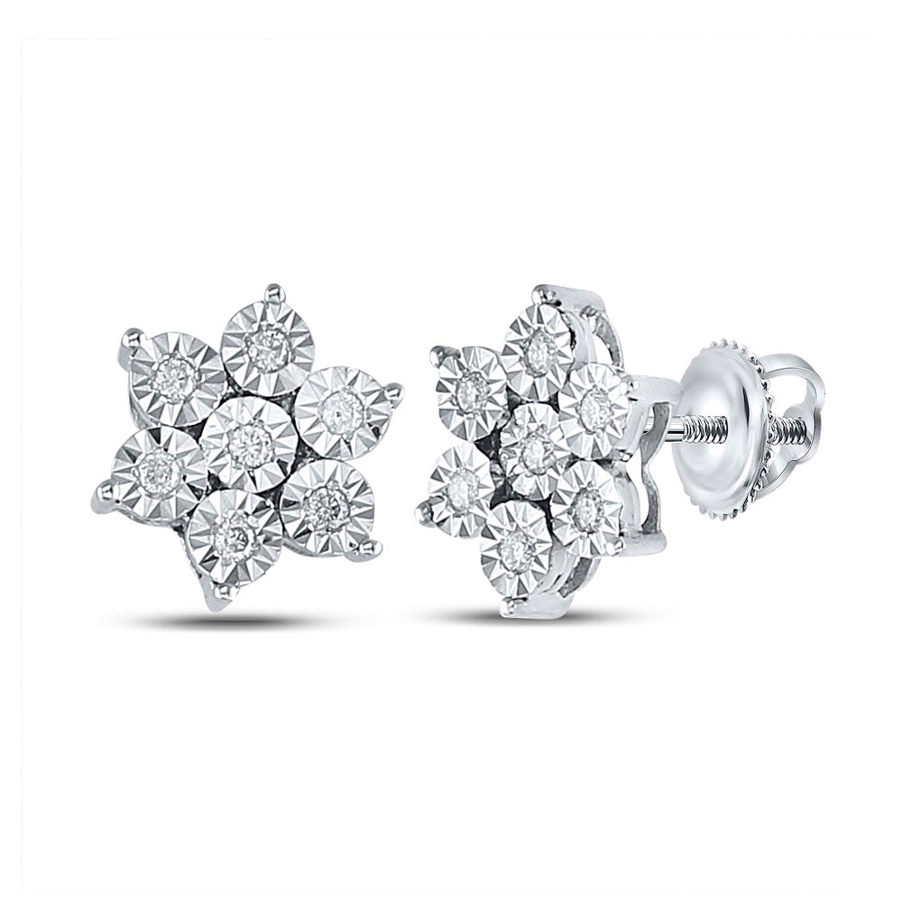 Sterling Silver Womens Round Diamond Cluster Earrings 1/8 Cttw