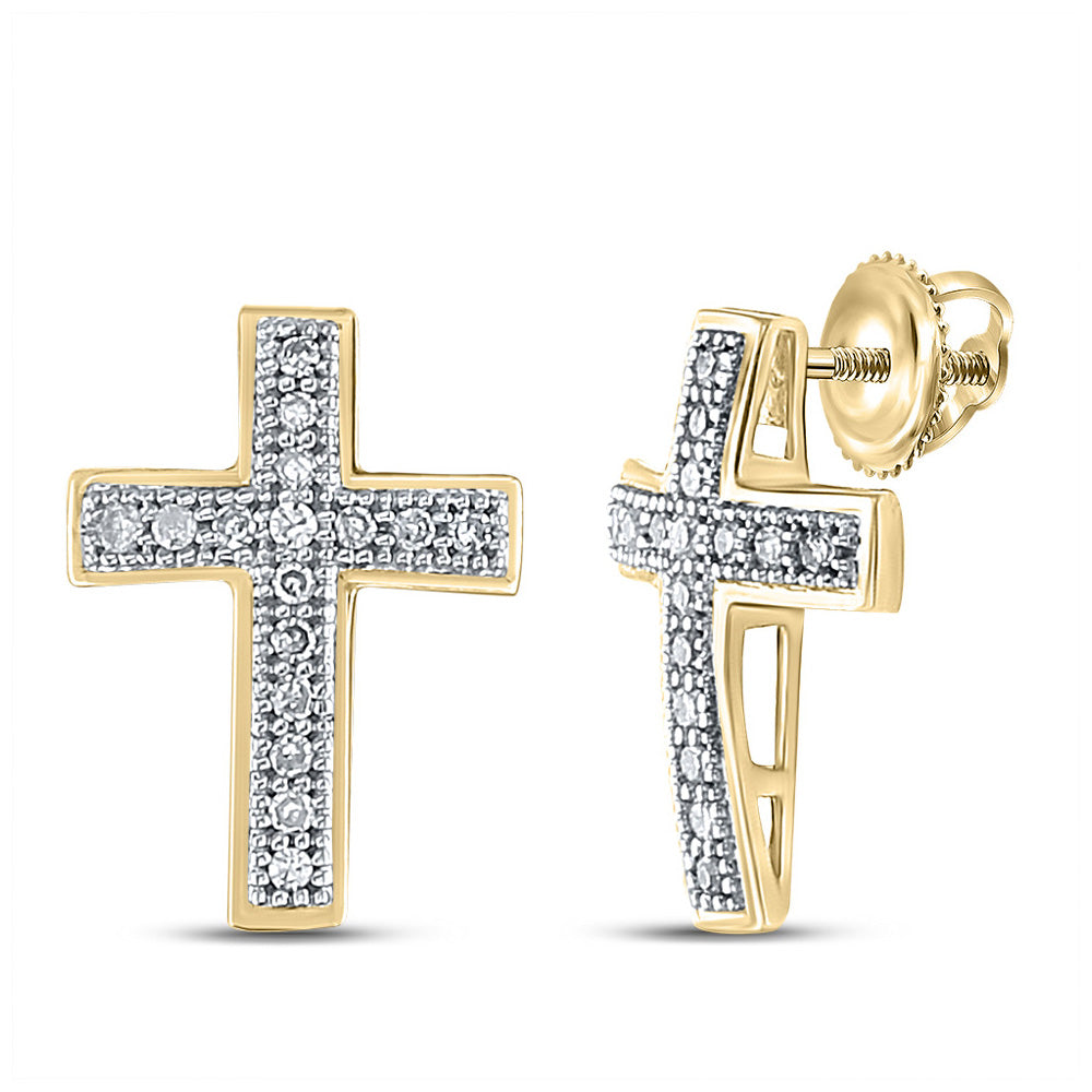 Yellow-tone Sterling Silver Womens Round Diamond Cross Earrings 1/10 Cttw