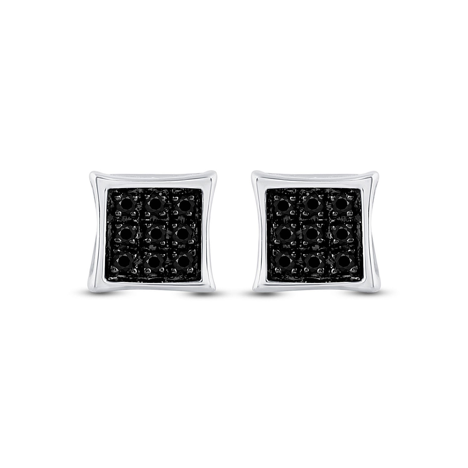 Sterling Silver Mens Round Black Color Enhanced Diamond Square Earrings 1/20 Cttw