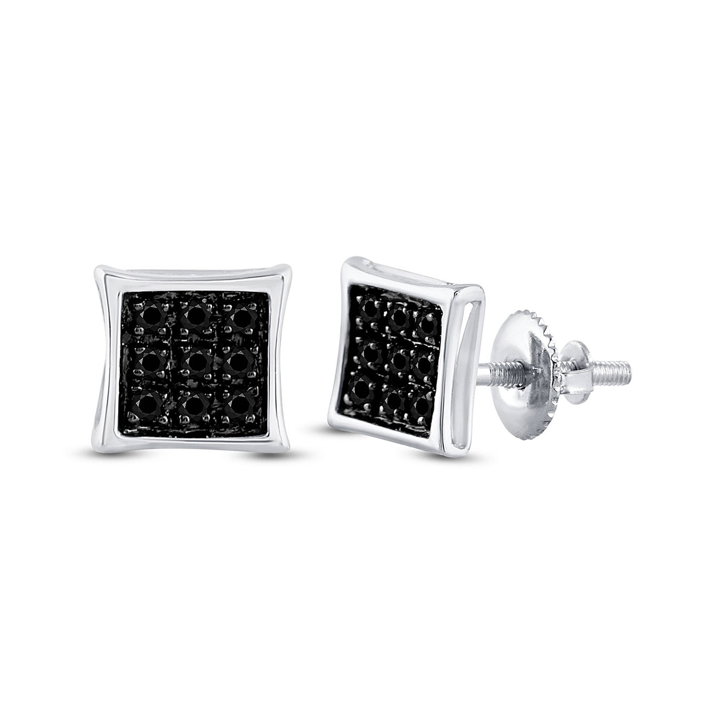 Sterling Silver Mens Round Black Color Enhanced Diamond Square Earrings 1/20 Cttw