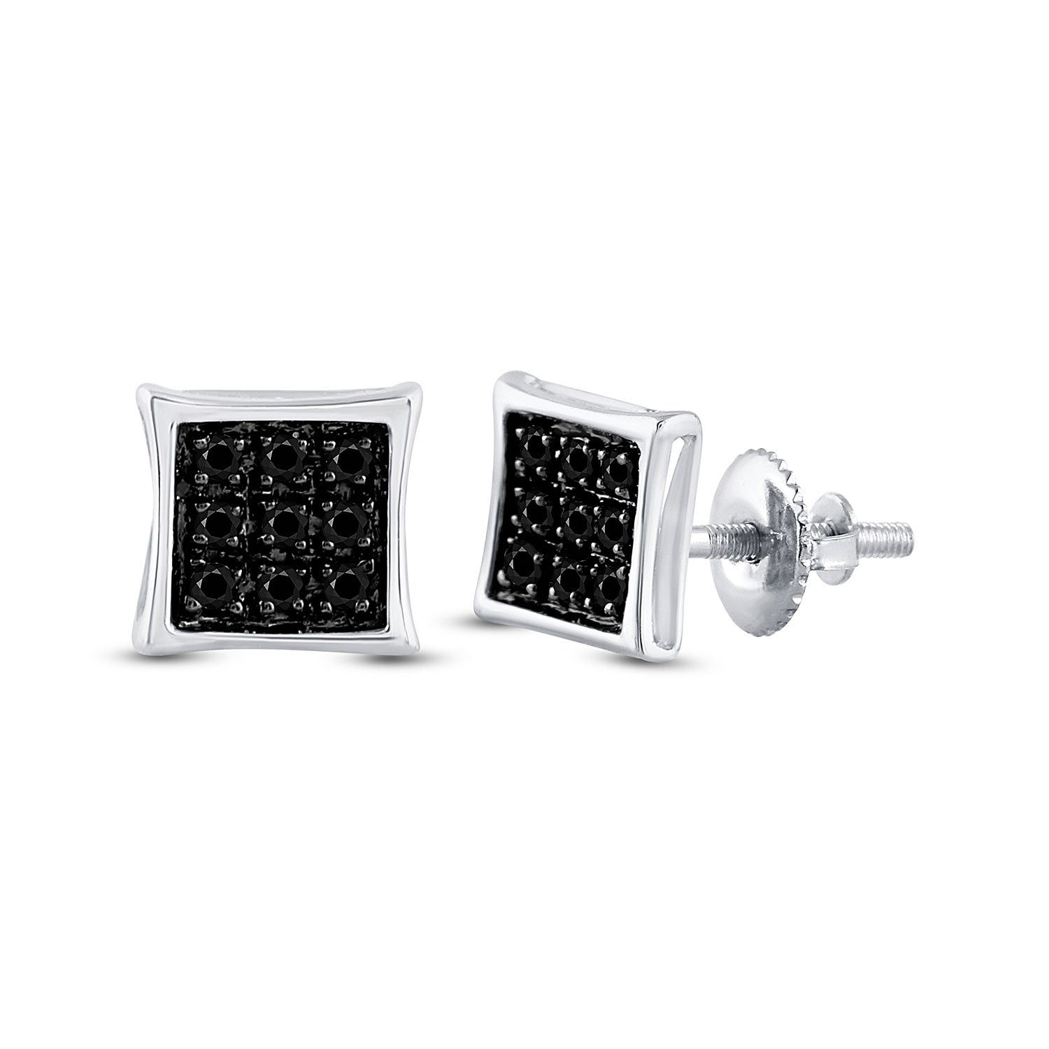 Sterling Silver Mens Round Black Color Enhanced Diamond Square Earrings 1/20 Cttw