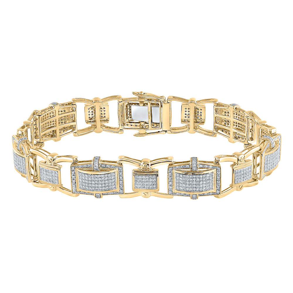 10kt Yellow Gold Mens Round Diamond Rectangle Link Bracelet 2-1/2 Cttw