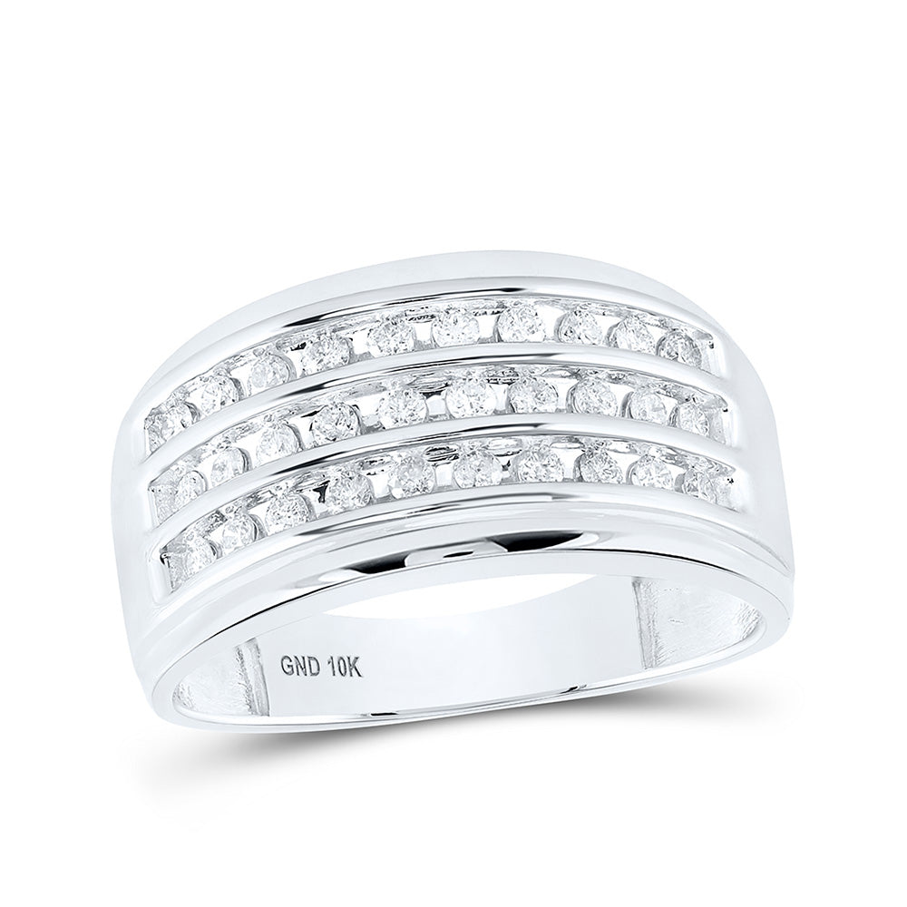 10kt White Gold Mens Round Diamond 3-Row Band Ring 1/2 Cttw