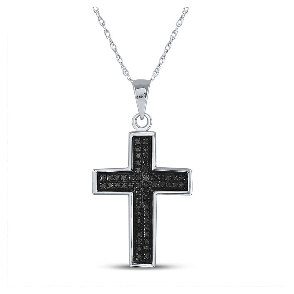 Sterling Silver Mens Round Black Color Enhanced Diamond Cross Charm Pendant 1/6 Cttw