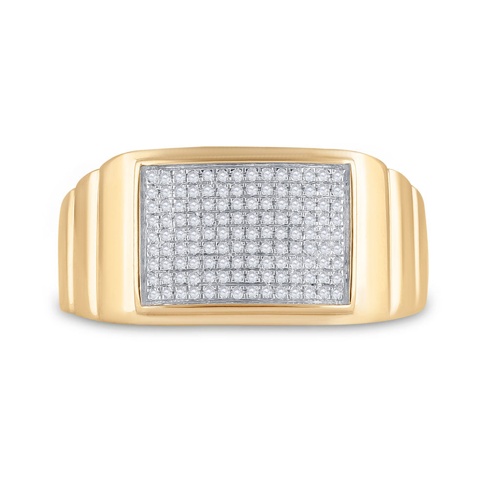 10kt Yellow Gold Mens Round Diamond Ribbed Rectangle Cluster Ring 1/4 Cttw