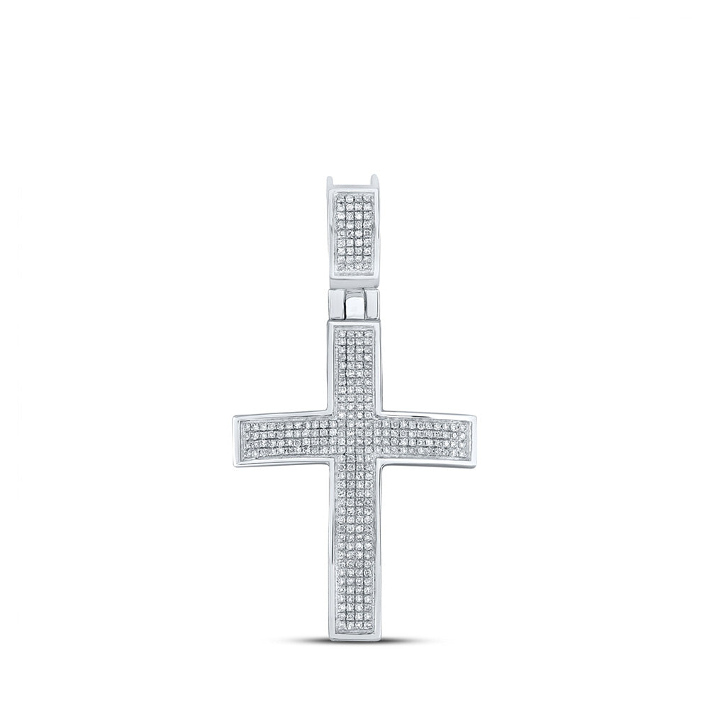 10kt White Gold Mens Round Diamond Cross Charm Pendant 1/2 Cttw