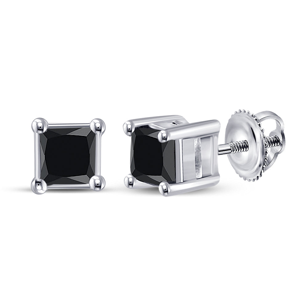 10kt White Gold Womens Princess Black Color Enhanced Diamond Solitaire Earrings 3/4 Cttw