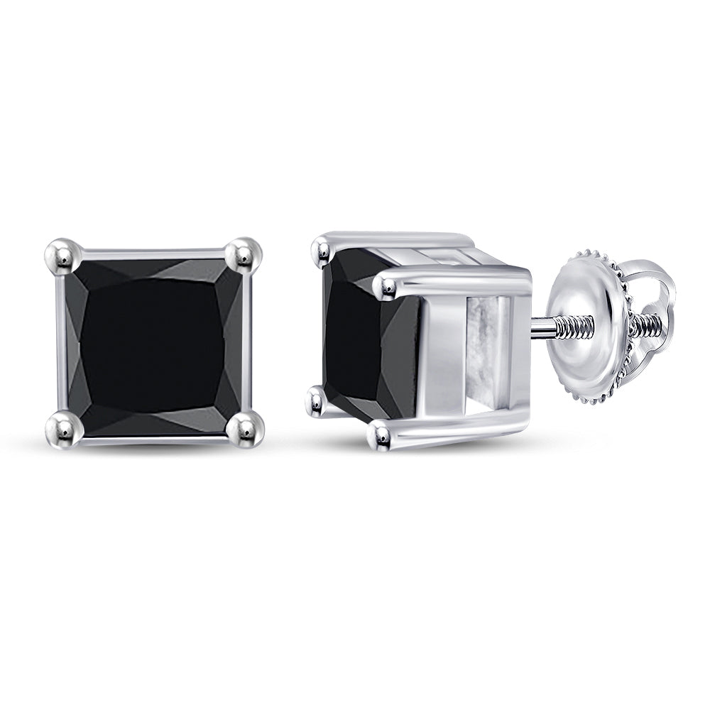 10kt White Gold Mens Princess Black Color Enhanced Diamond Stud Earrings 1-1/2 Cttw