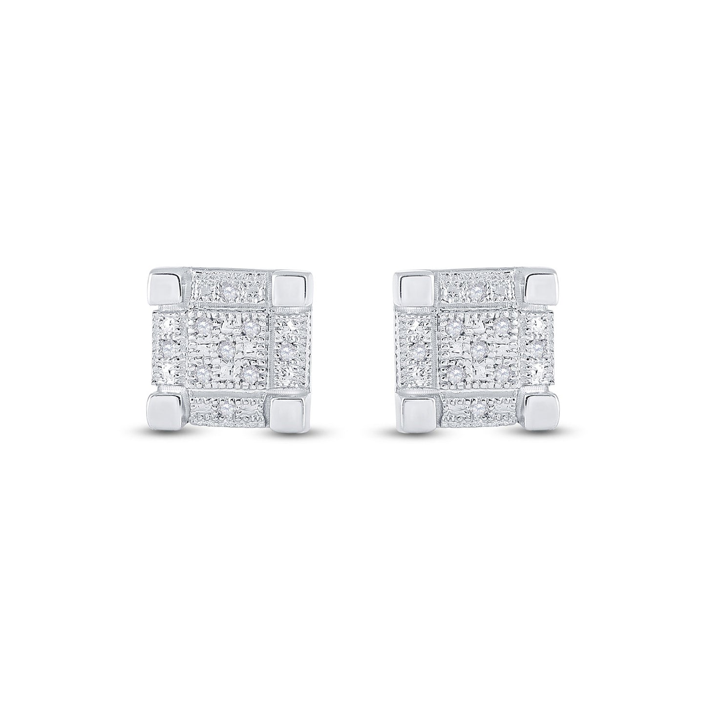 Sterling Silver Mens Round Diamond 3D Cube Square Earrings 1/20 Cttw