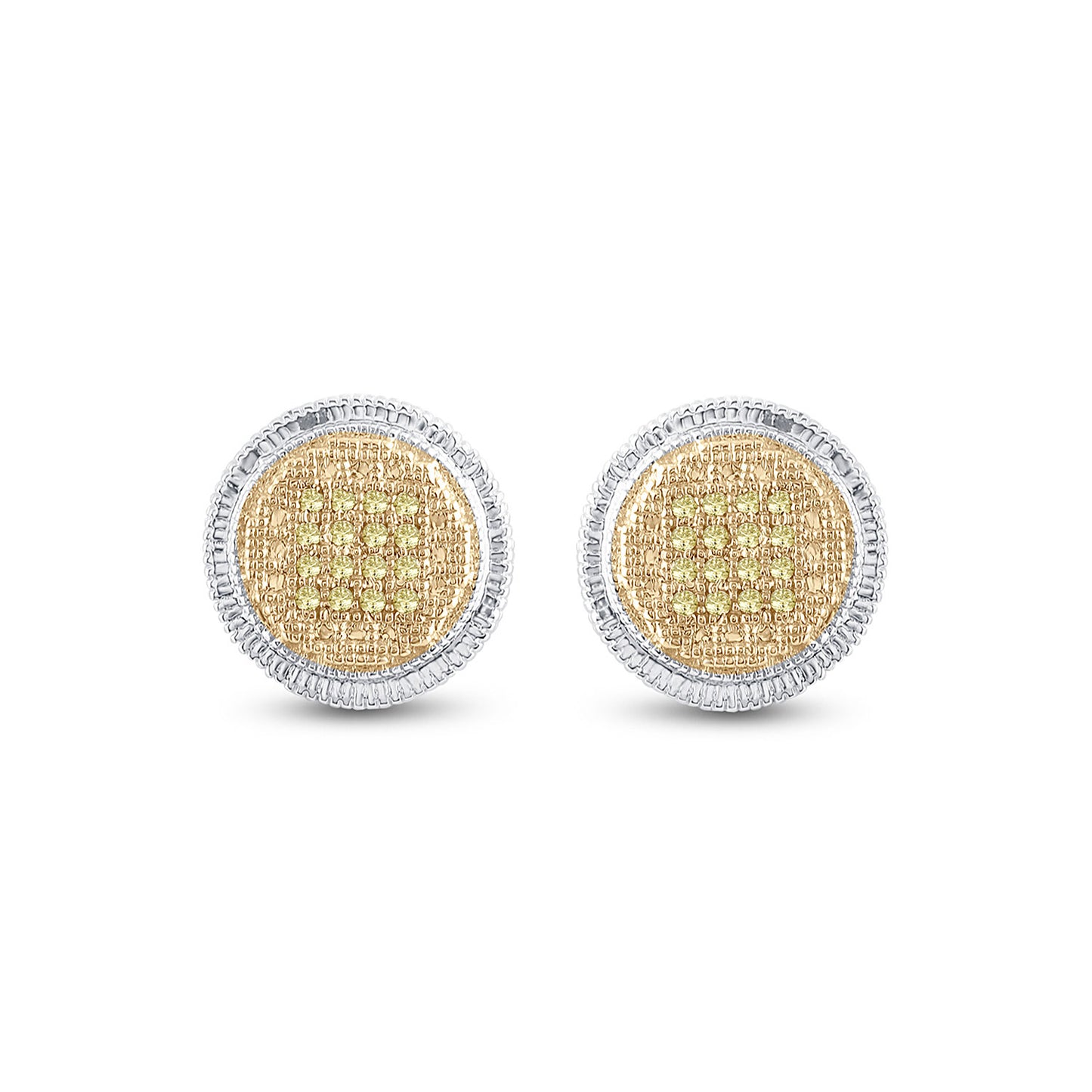 Sterling Silver Mens Round Yellow Color Enhanced Diamond Disk Circle Earrings 1/10 Cttw