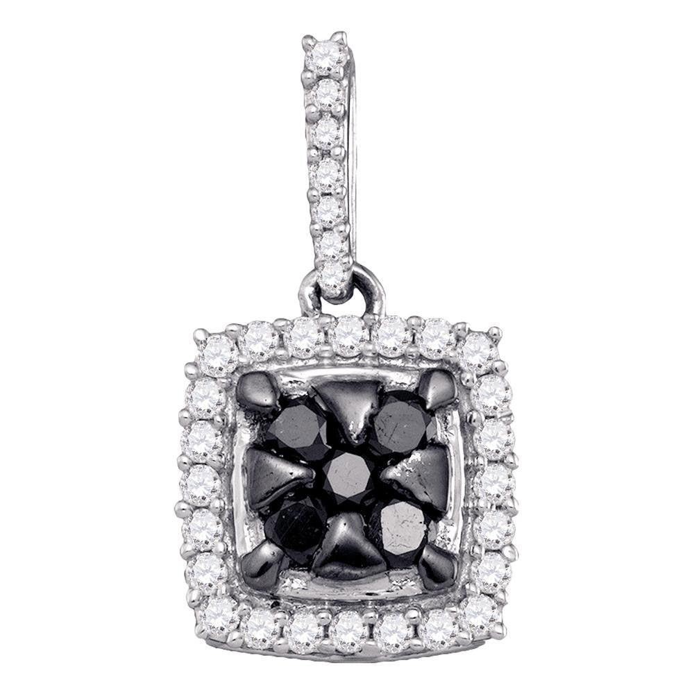 10kt White Gold Womens Round Black Color Enhanced Diamond Square Cluster Pendant 1/2 Cttw