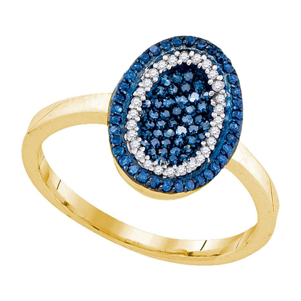 10kt Yellow Gold Womens Round Blue Color Enhanced Diamond Oval Cluster Ring 1/3 Cttw