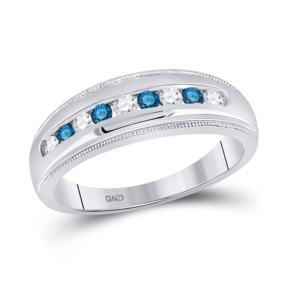 10kt White Gold Mens Round Blue Color Enhanced Diamond Wedding Band Ring 1/2 Cttw