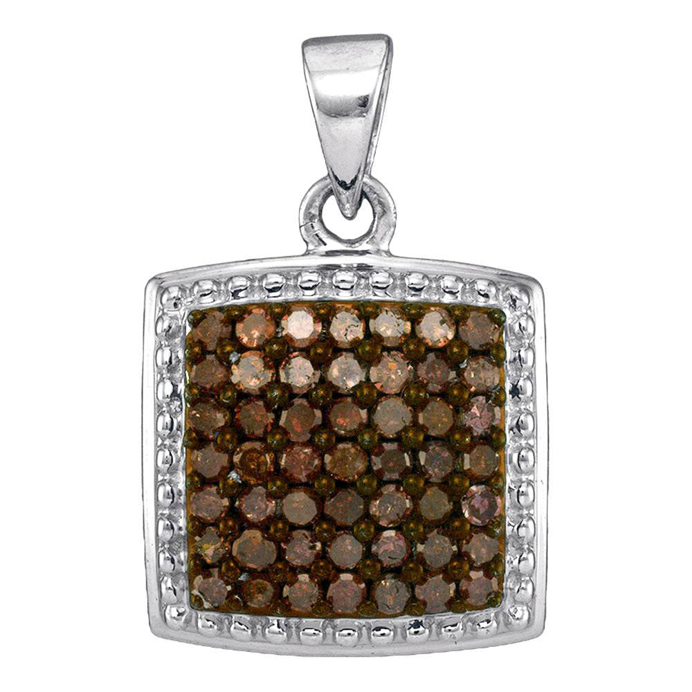 10kt White Gold Womens Round Brown Diamond Square Pendant 1/2 Cttw