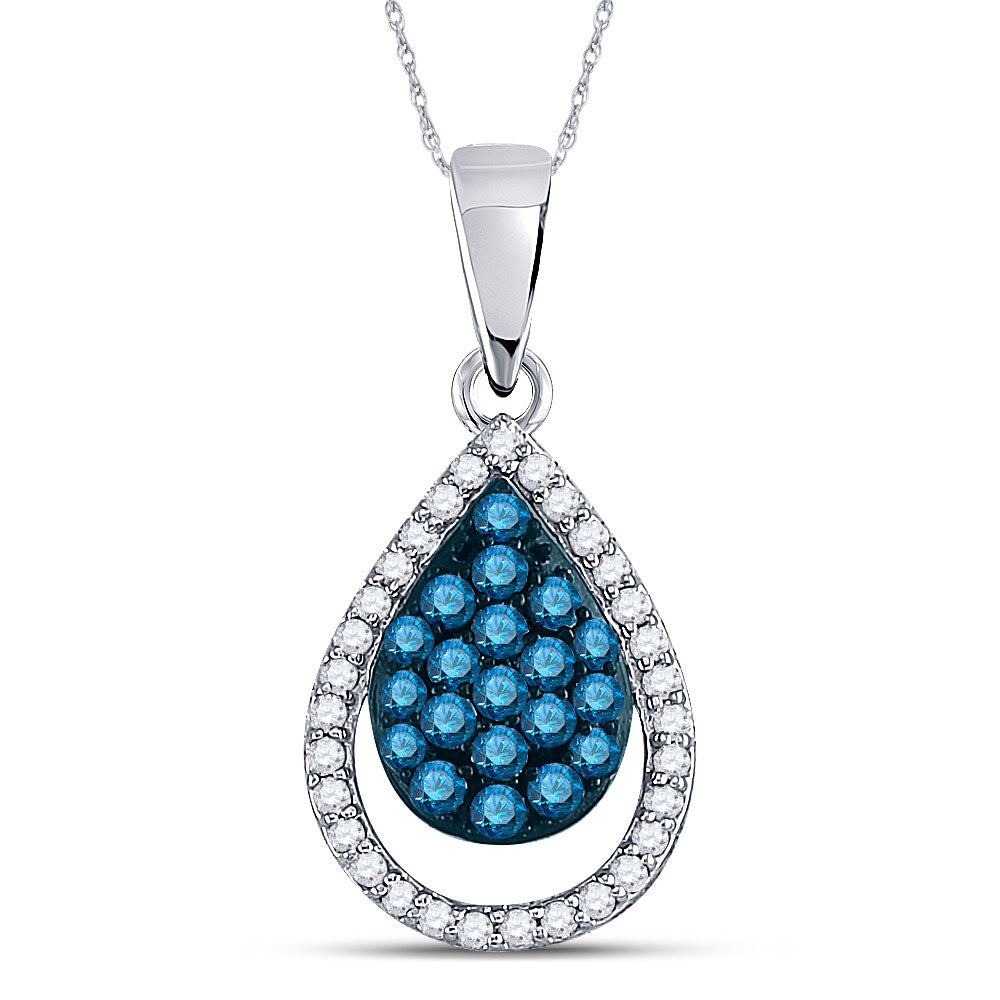 10kt White Gold Womens Round Blue Color Enhanced Diamond Teardrop Pendant 1/2 Cttw