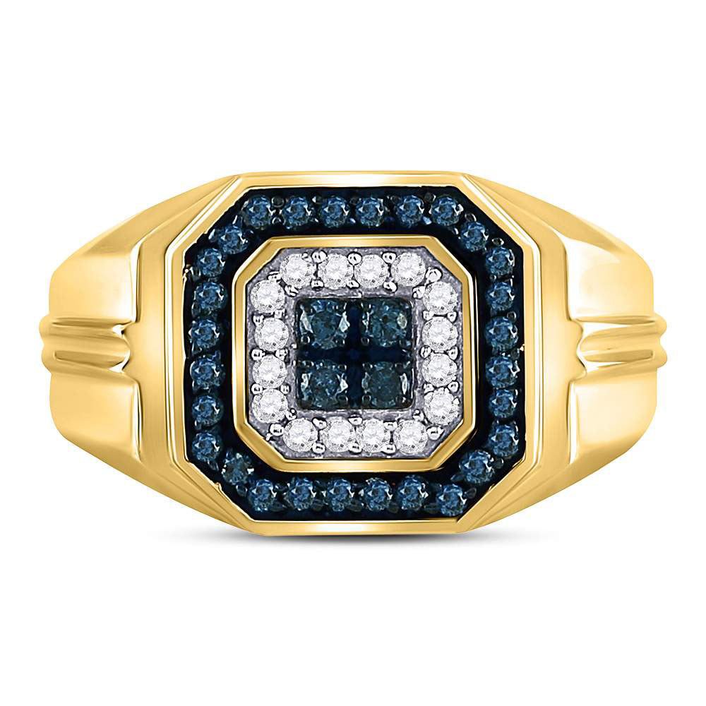 10kt Yellow Gold Mens Round Blue Color Enhanced Diamond Square Ring 5/8 Cttw