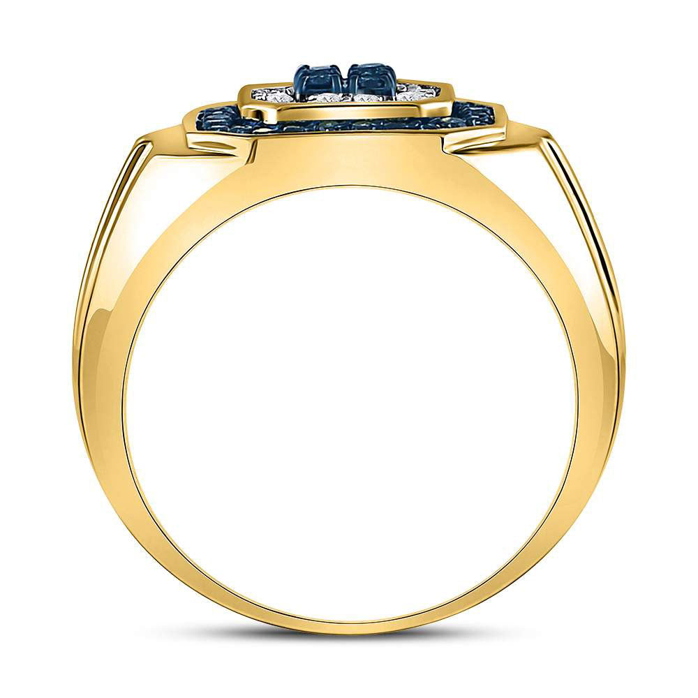 10kt Yellow Gold Mens Round Blue Color Enhanced Diamond Square Ring 5/8 Cttw