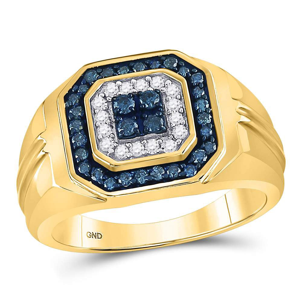 10kt Yellow Gold Mens Round Blue Color Enhanced Diamond Square Ring 5/8 Cttw