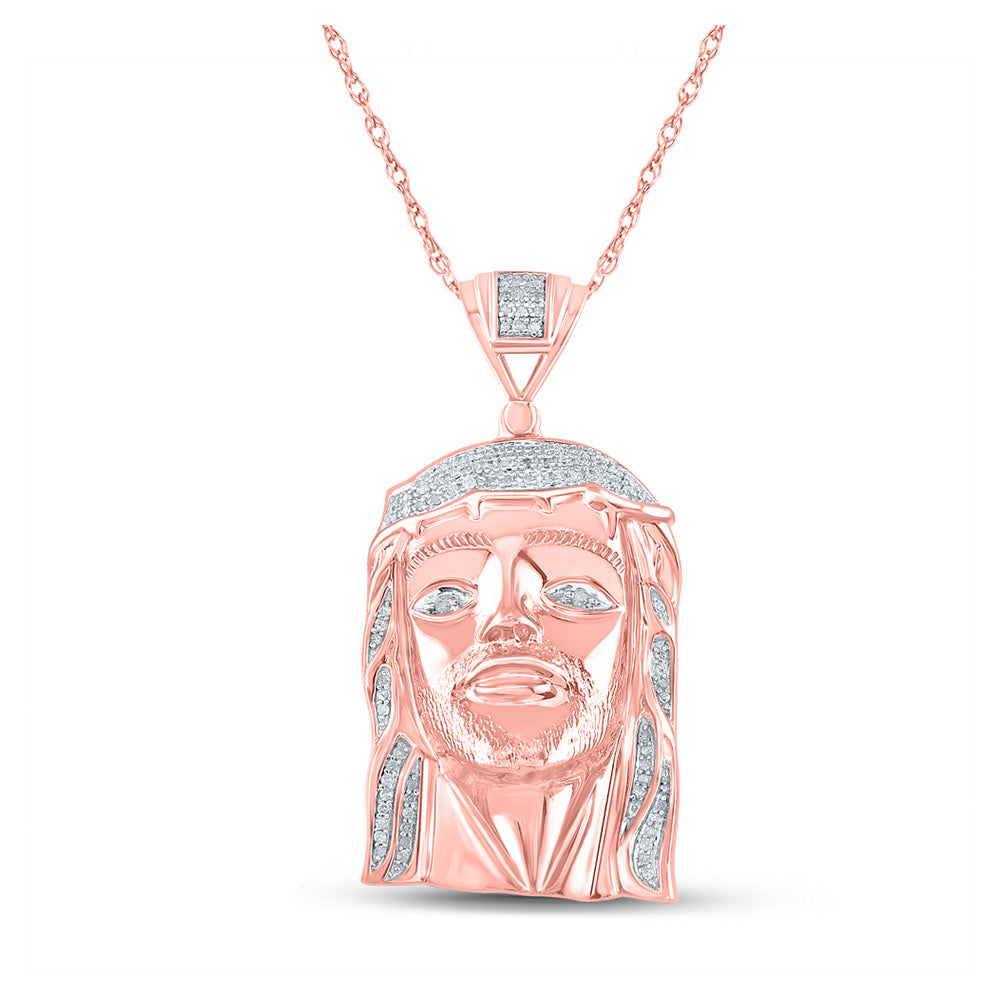 Rose-tone Sterling Silver Mens Round Diamond Jesus Face Charm Pendant 3/8 Cttw