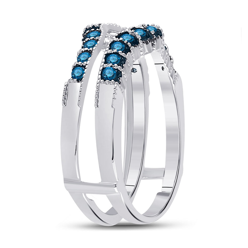 14kt White Gold Womens Round Blue Color Enhanced Diamond Wrap Enhancer Wedding Band 1/3 Cttw