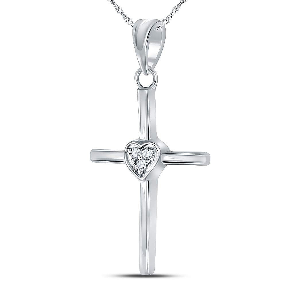 Sterling Silver Womens Round Diamond Heart Cross Pendant .03 Cttw