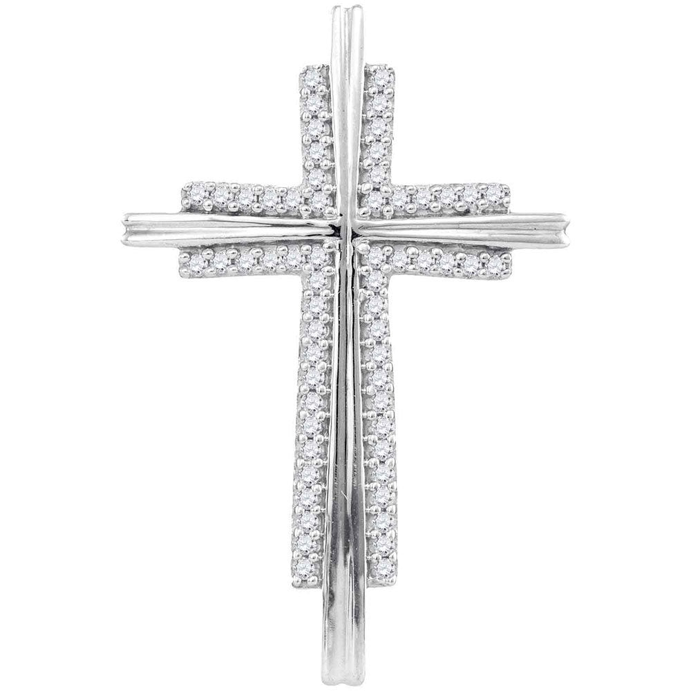 10kt White Gold Womens Round Diamond Cross Religious Pendant 1/8 Cttw