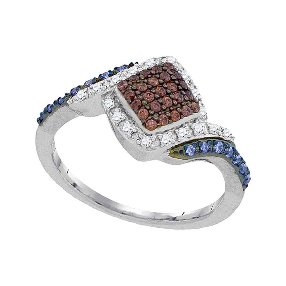 10kt White Gold Womens Round Brown Diamond Blue Fashion Ring 1/3 Cttw