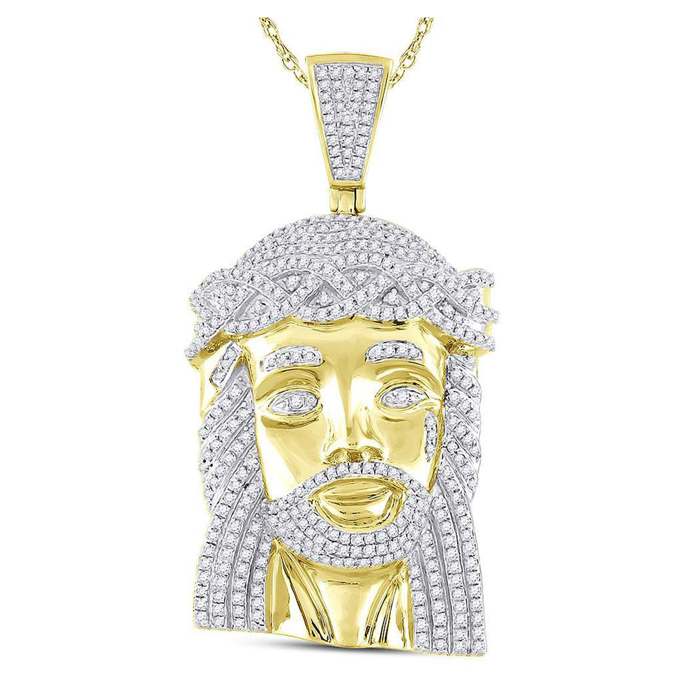 10kt Yellow Gold Mens Round Diamond Jesus Face Charm Pendant 1-5/8 Cttw