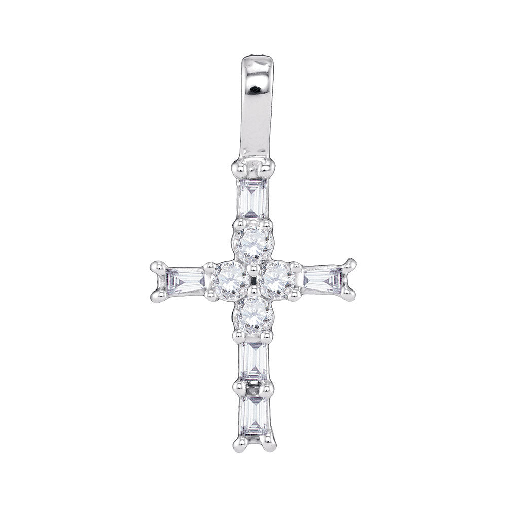 10kt White Gold Womens Radiant Baguette Diamond Cross Pendant 1/4 Cttw