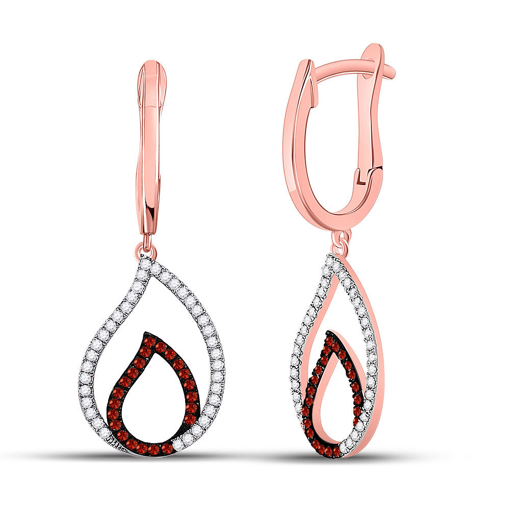 10kt Rose Gold Womens Round Red Color Enhanced Diamond Teardrop Dangle Earrings 1/3 Cttw