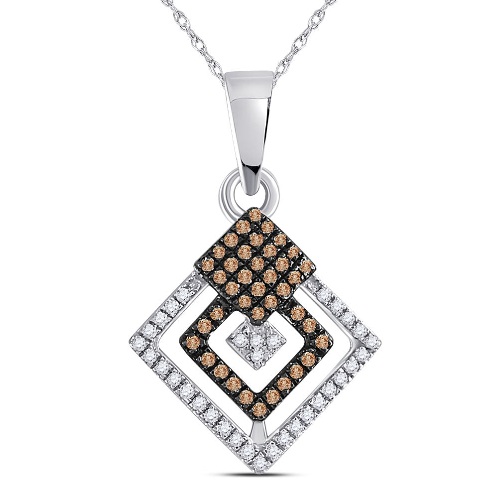 10kt White Gold Womens Round Brown Diamond Square Pendant 1/4 Cttw