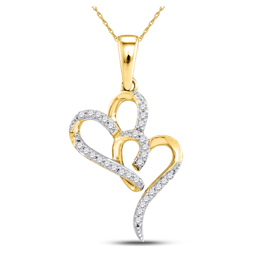 10kt Yellow Gold Womens Round Diamond Double Heart Pendant 1/10 Cttw